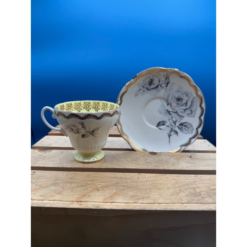 Vintage Foley Bone China Teacup Saucer Set Yellow Gold Interior Grey Rose 1938